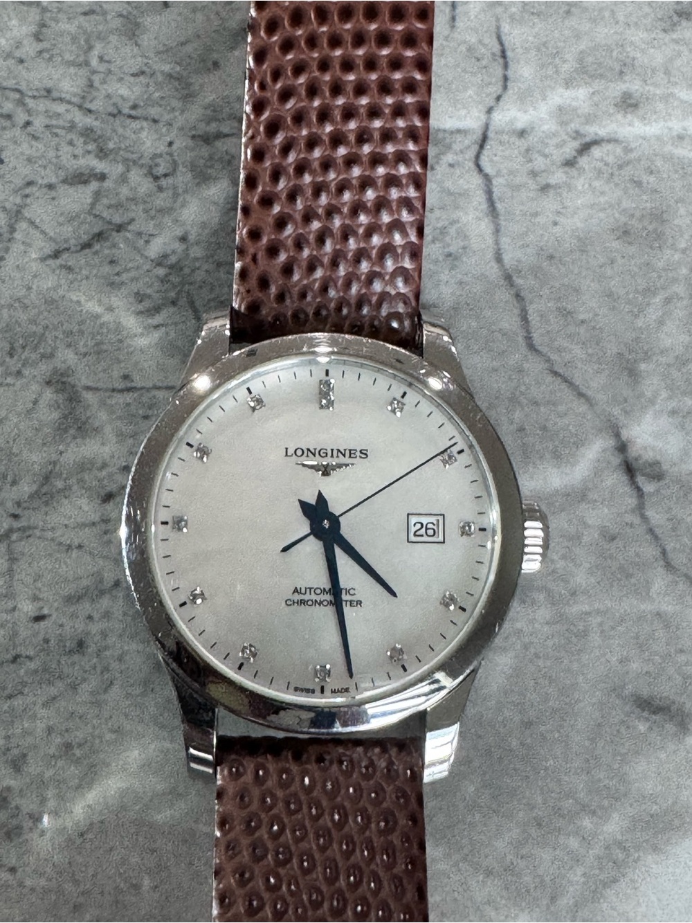 Longines Women's Silver Case Watch with Brown Strap